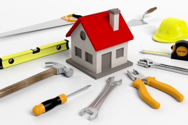 House model with tools isolated on white background